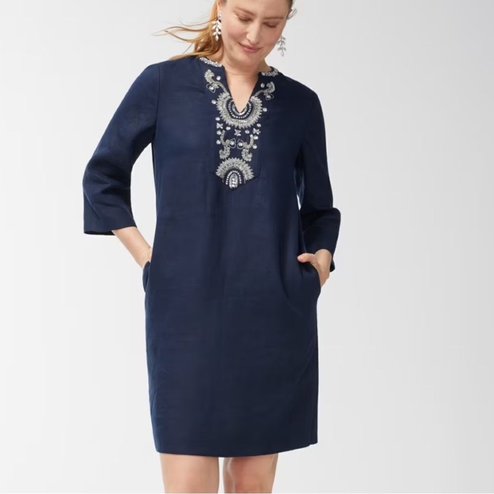 Chico’s Linen Embellished Navy Tunic‎ Dress Classic Navy 4 NWT in packaging
